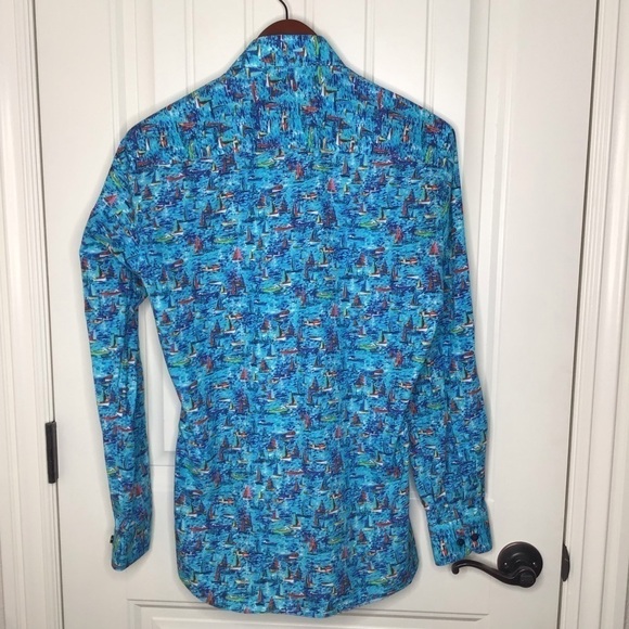 Jared Lang Blue Sail Boat Button Up Shirt. - Picture 7 of 9